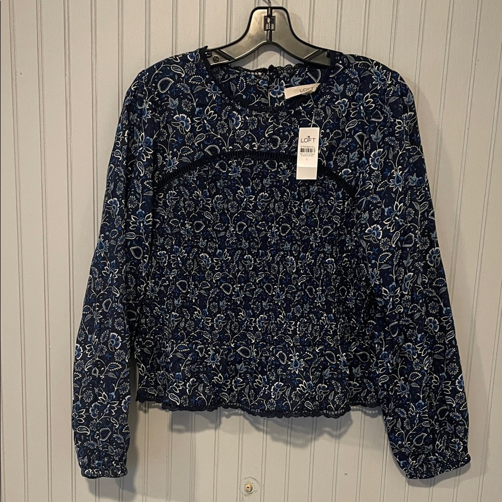 LOFT Dark Blue Floral Patterned Long Sleeve Blouse | Large NWT - Picture 8 of 14